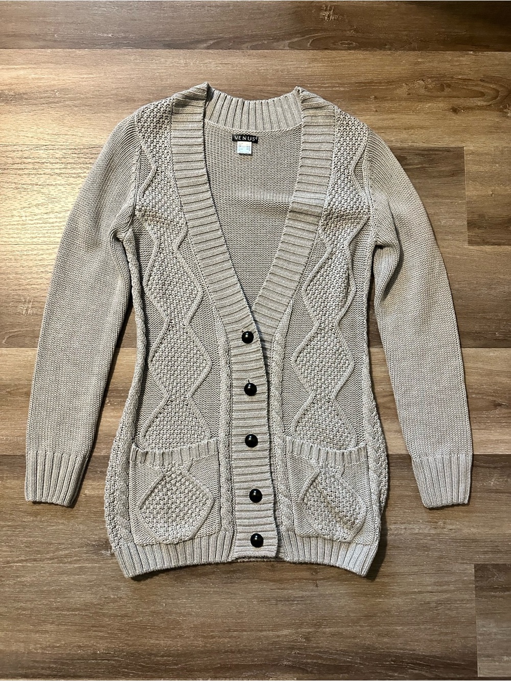 VENUS Grey Cable Knit Button‑Down Cardigan – Medium